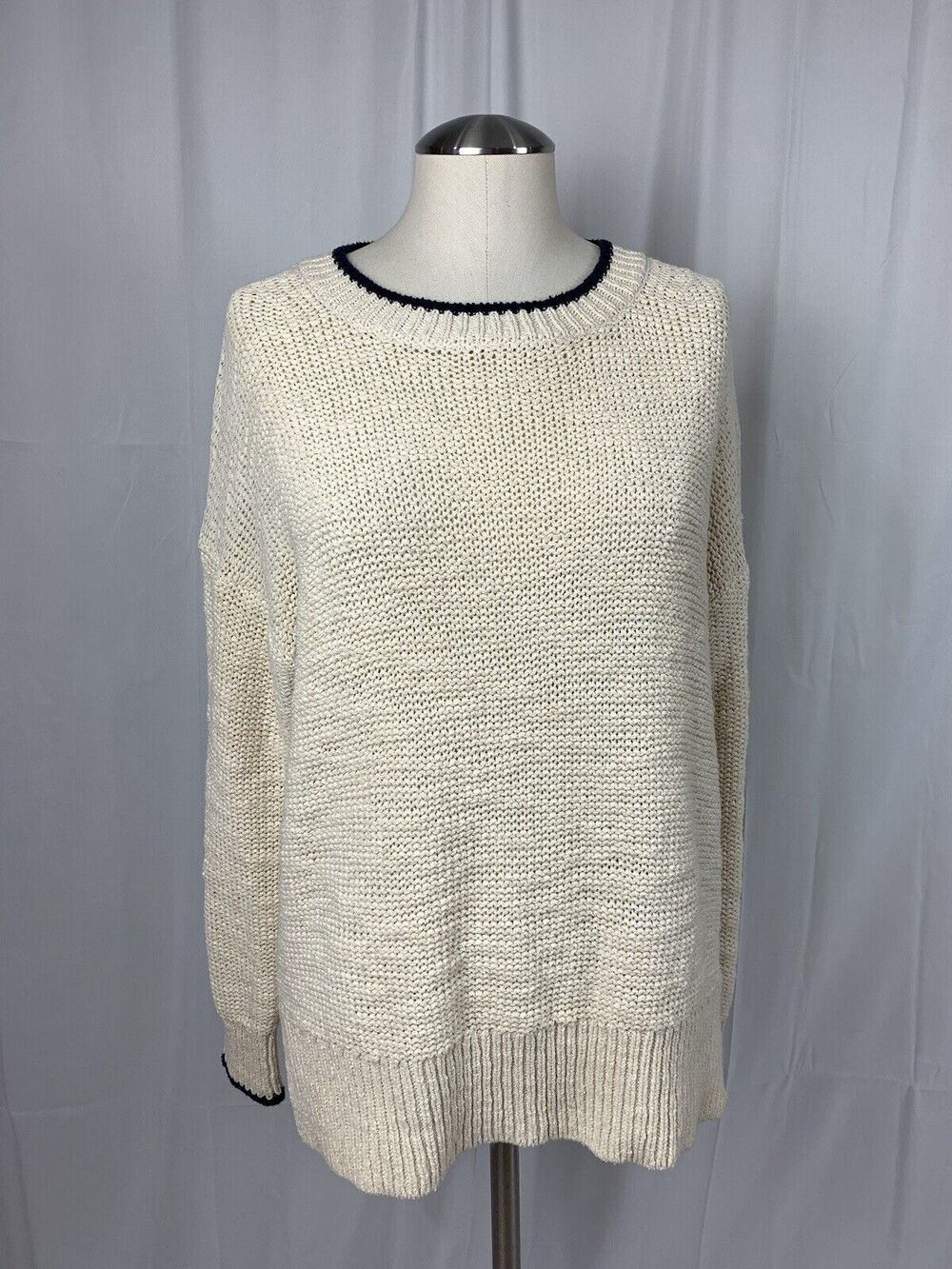 J. Crew Ivory Pullover Sweater Navy Blue Trim Long Sleeve Women's Size S Preppy